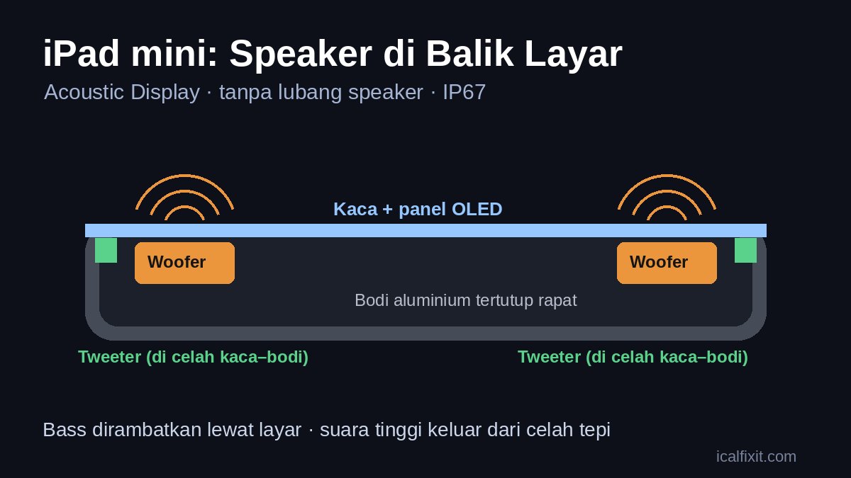 Ilustrasi cara kerja Acoustic Display iPad mini: woofer di balik layar dan tweeter di celah tepi